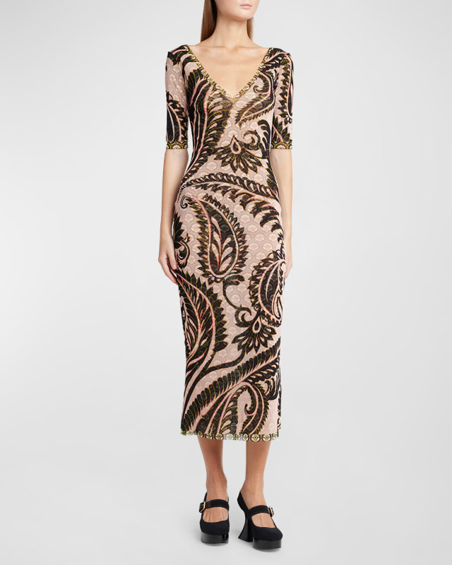 African-Print Mesh V-Neck Elbow-Sleeve Midi Dress